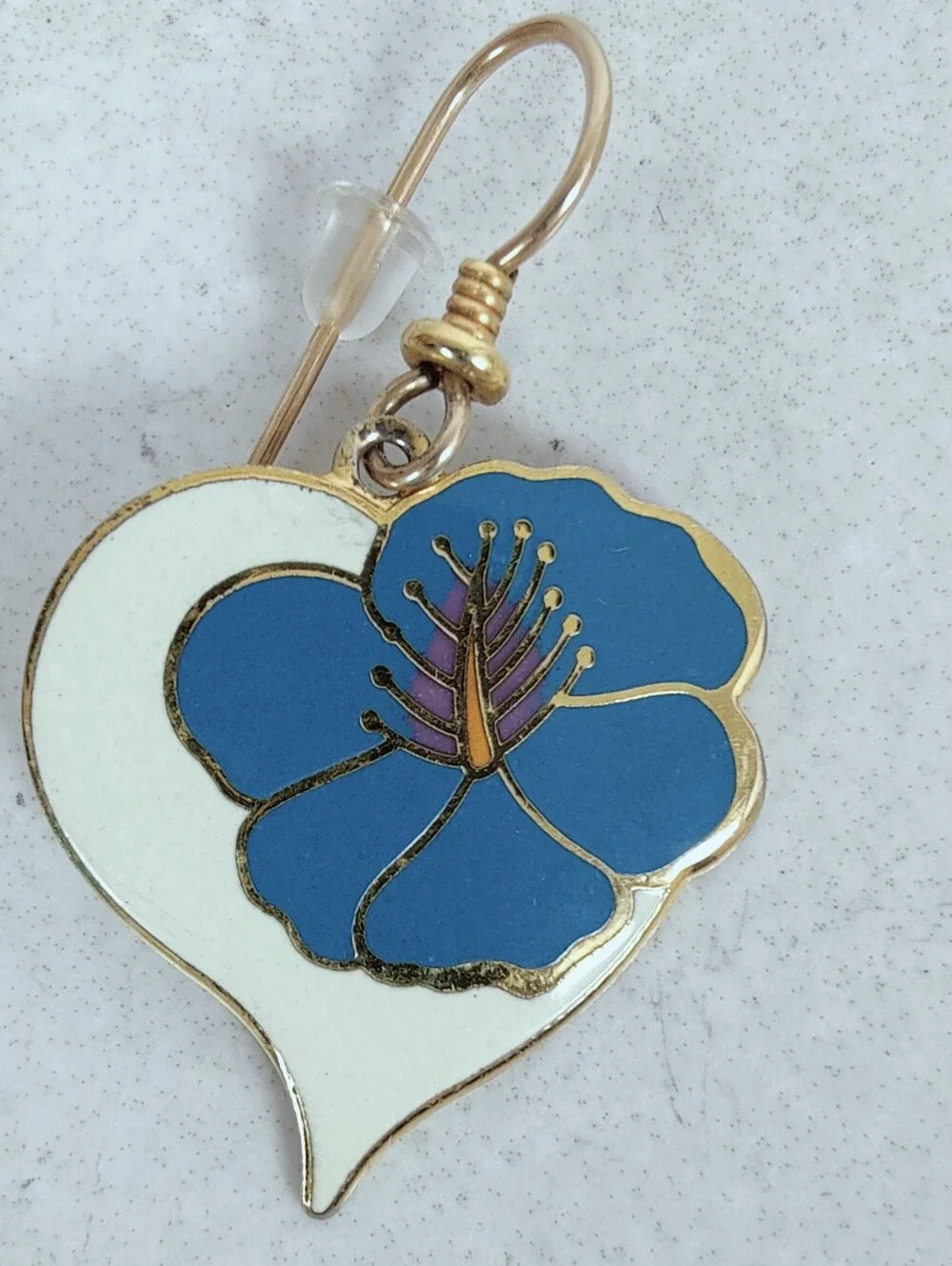 VTG 80s 90s Laurel Burch 'Hibiscus Heart' Enamel Gold Tone Dangle Earrings